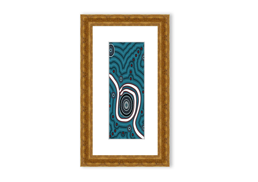 Framed Aboriginal Pattern 1 print with vibrant colors and intricate designs, available in various frame colors.