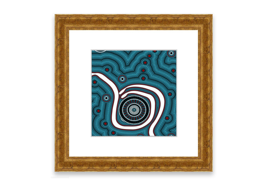 Framed Aboriginal Pattern 1 print with vibrant colors and intricate designs, available in various frame colors.