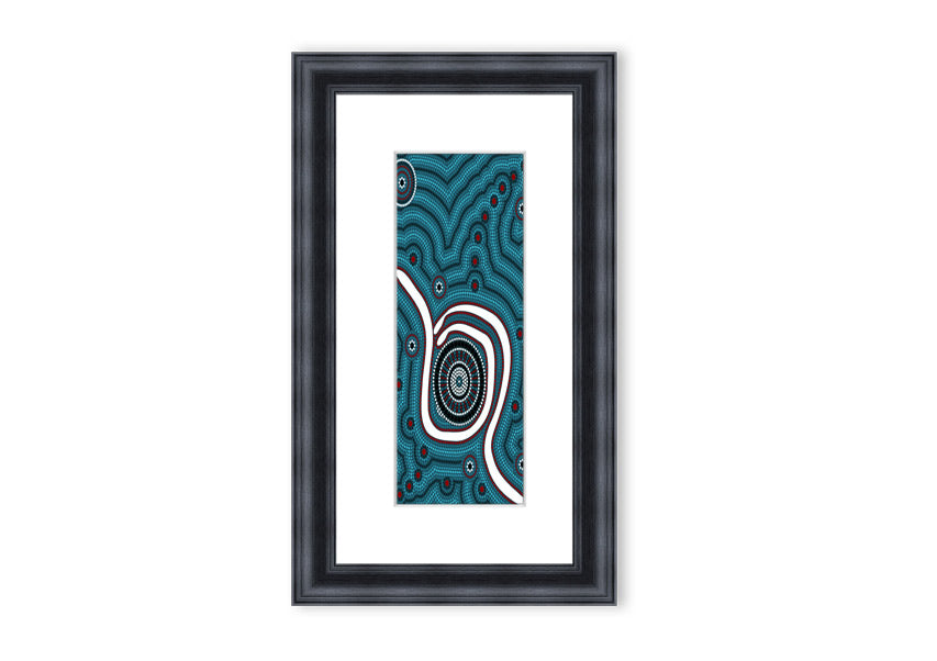 Framed Aboriginal Pattern 1 print with vibrant colors and intricate designs, available in various frame colors.