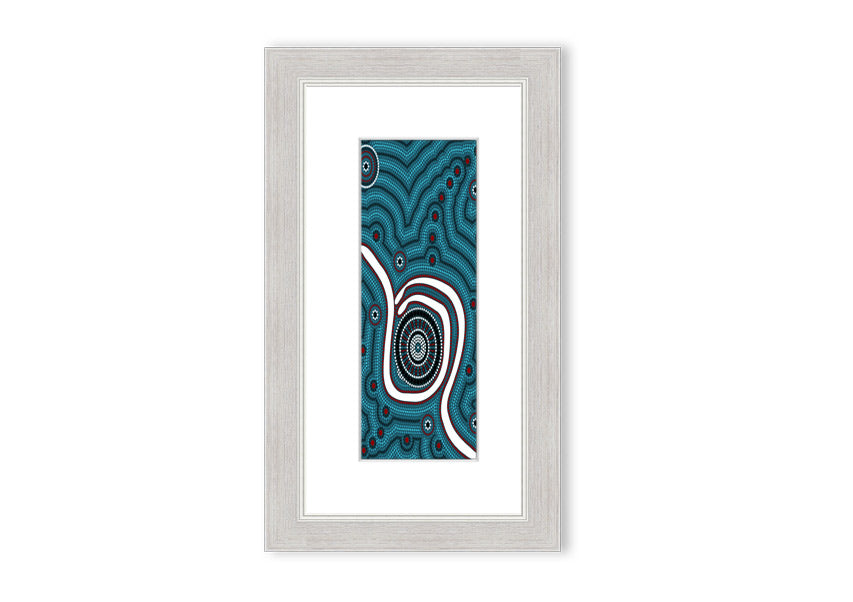 Framed Aboriginal Pattern 1 print with vibrant colors and intricate designs, available in various frame colors.