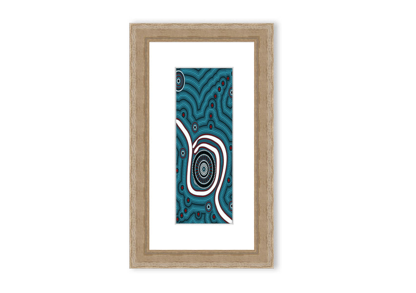 Framed Aboriginal Pattern 1 print with vibrant colors and intricate designs, available in various frame colors.