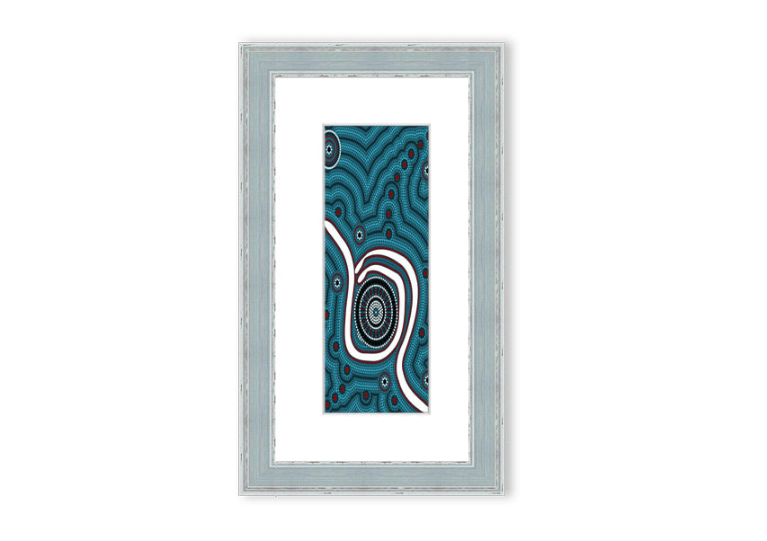 Framed Aboriginal Pattern 1 print with vibrant colors and intricate designs, available in various frame colors.