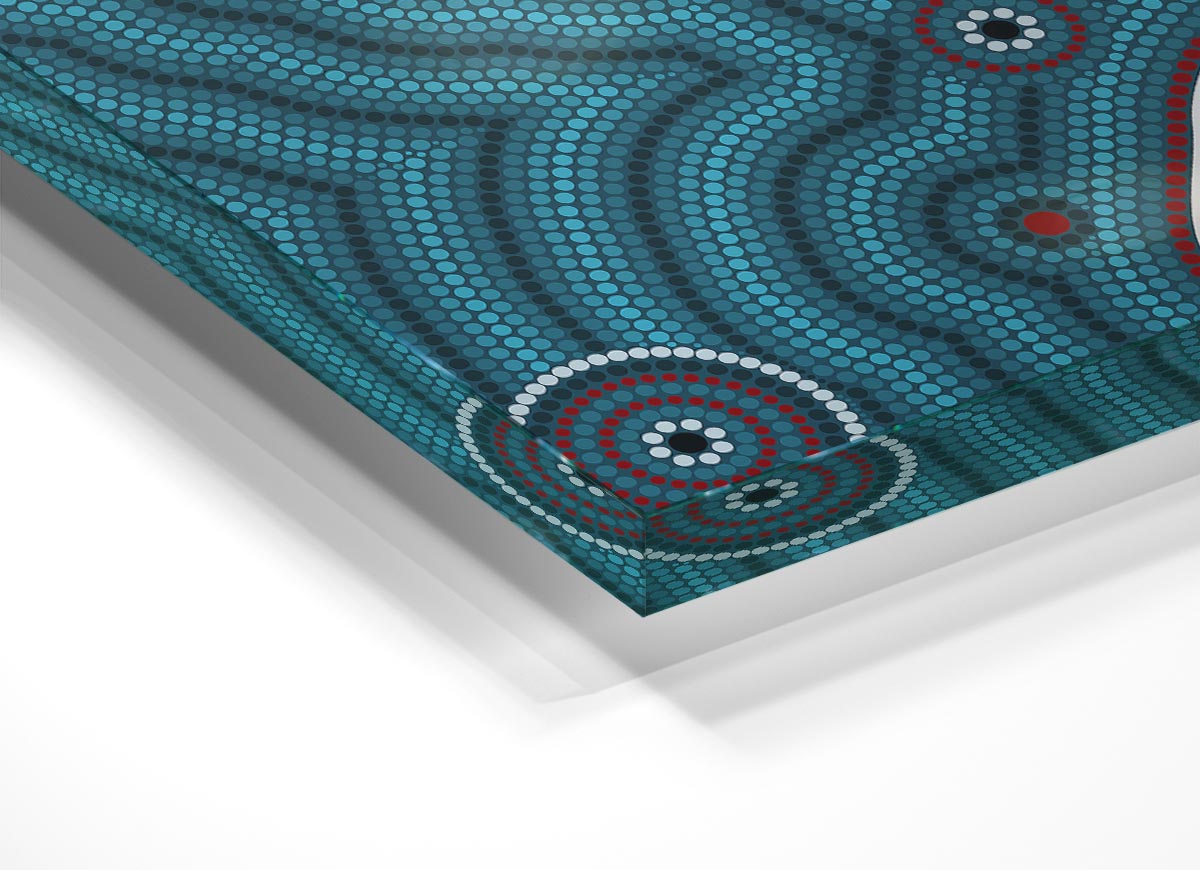 A vibrant Aboriginal Pattern 1 glass print featuring intricate designs and colors, perfect for modern home decor.