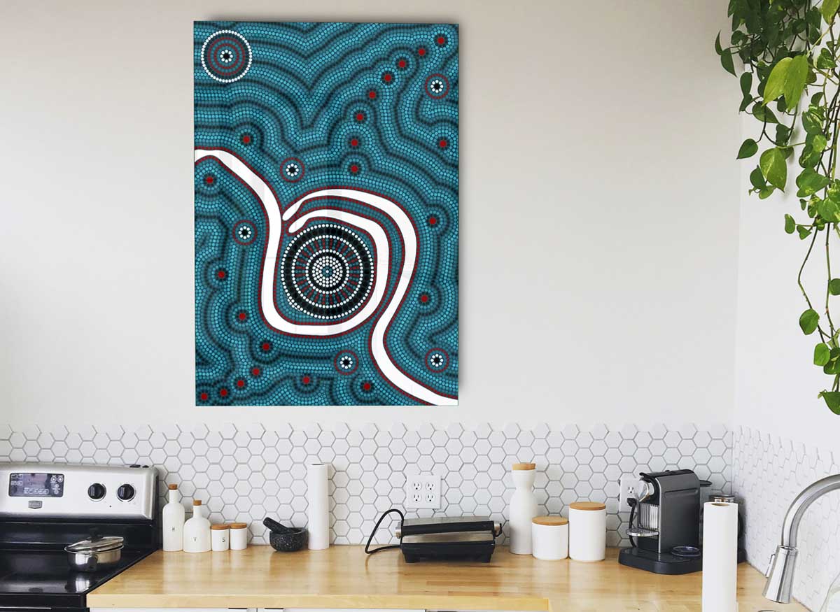 A vibrant Aboriginal Pattern 1 glass print featuring intricate designs and colors, perfect for modern home decor.