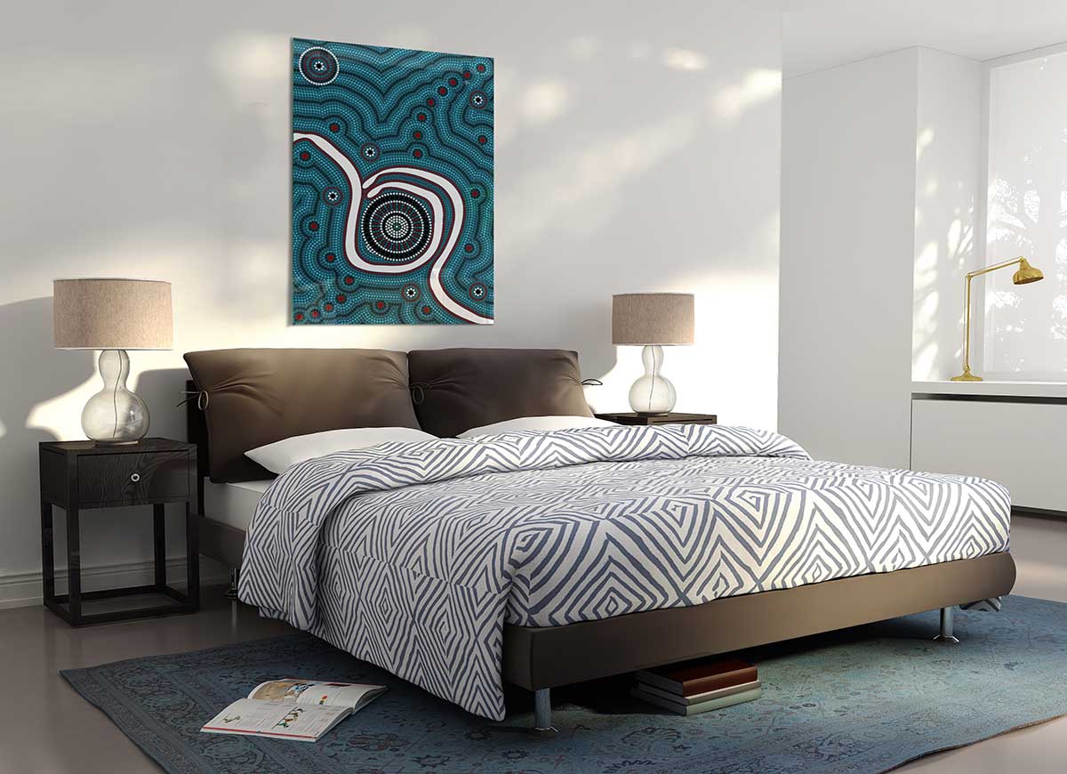 A vibrant Aboriginal Pattern 1 glass print featuring intricate designs and colors, perfect for modern home decor.