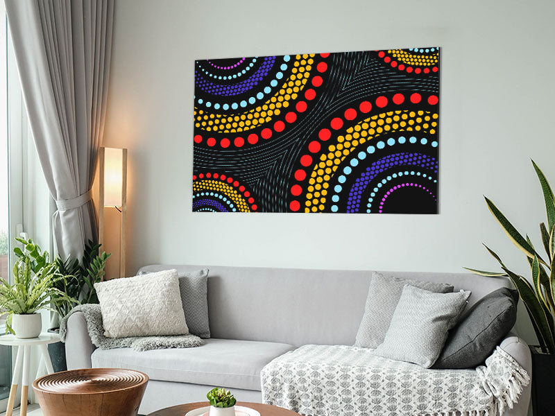 Aboriginal Pattern 11 artwork printed on brushed aluminium dibond, showcasing vibrant colors and intricate designs.