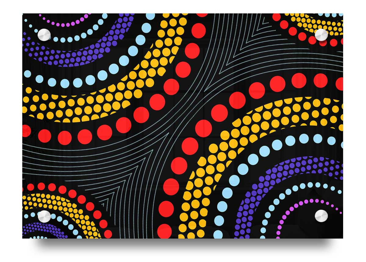 Acrylic print of Aboriginal Pattern 11 featuring vibrant colors and intricate designs on 5mm thick acrylic glass, ready to hang.