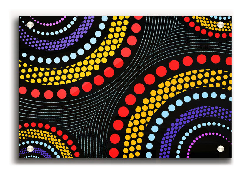 Acrylic print of Aboriginal Pattern 11 featuring vibrant colors and intricate designs on 5mm thick acrylic glass, ready to hang.