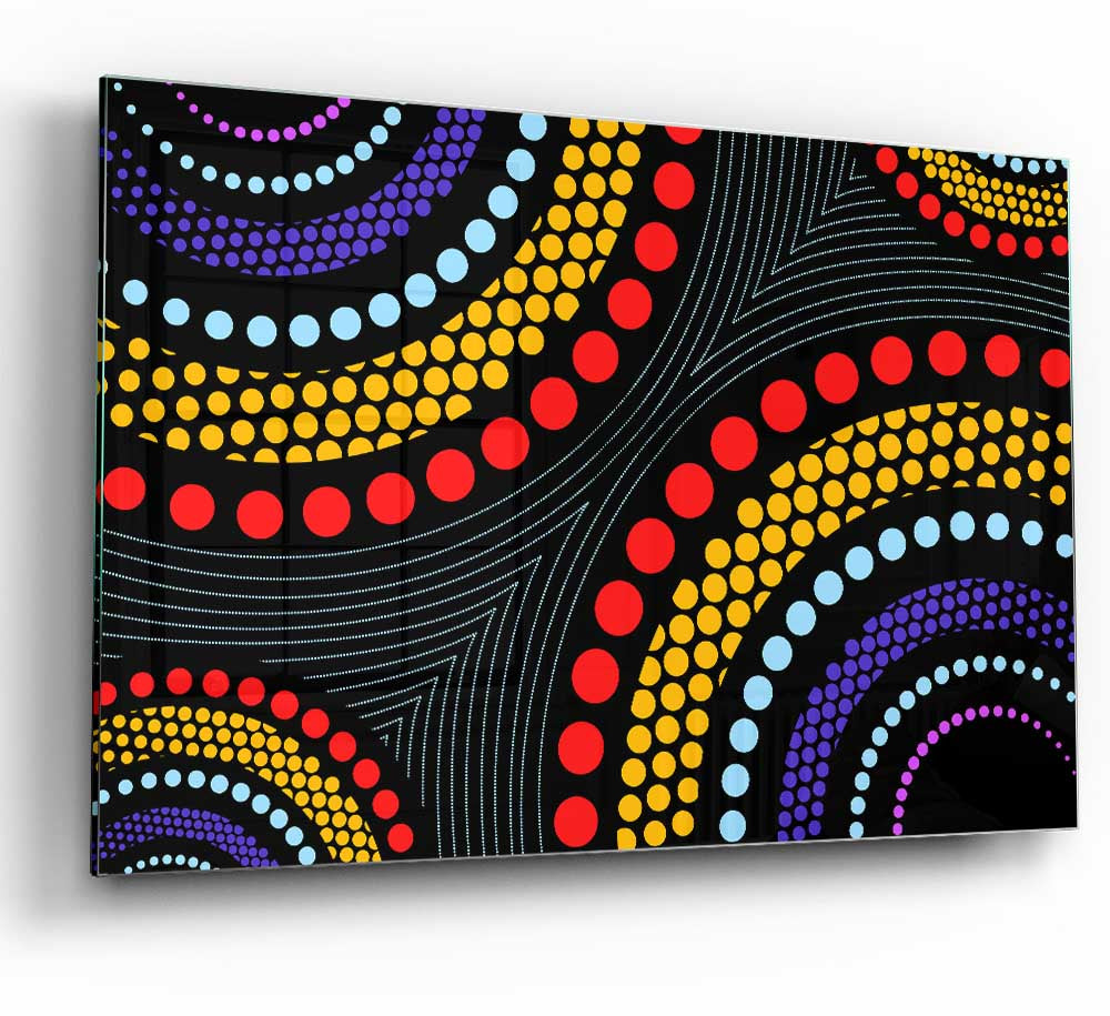 A vibrant Aboriginal Pattern 11 glass print showcasing intricate designs and colors, perfect for modern home decor.