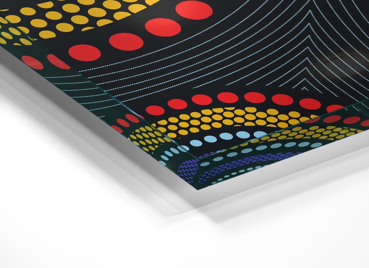 A vibrant Aboriginal Pattern 11 glass print showcasing intricate designs and colors, perfect for modern home decor.