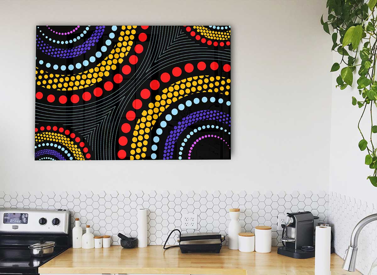 A vibrant Aboriginal Pattern 11 glass print showcasing intricate designs and colors, perfect for modern home decor.