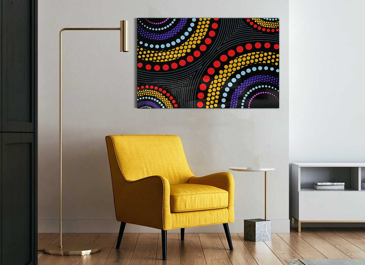 A vibrant Aboriginal Pattern 11 glass print showcasing intricate designs and colors, perfect for modern home decor.