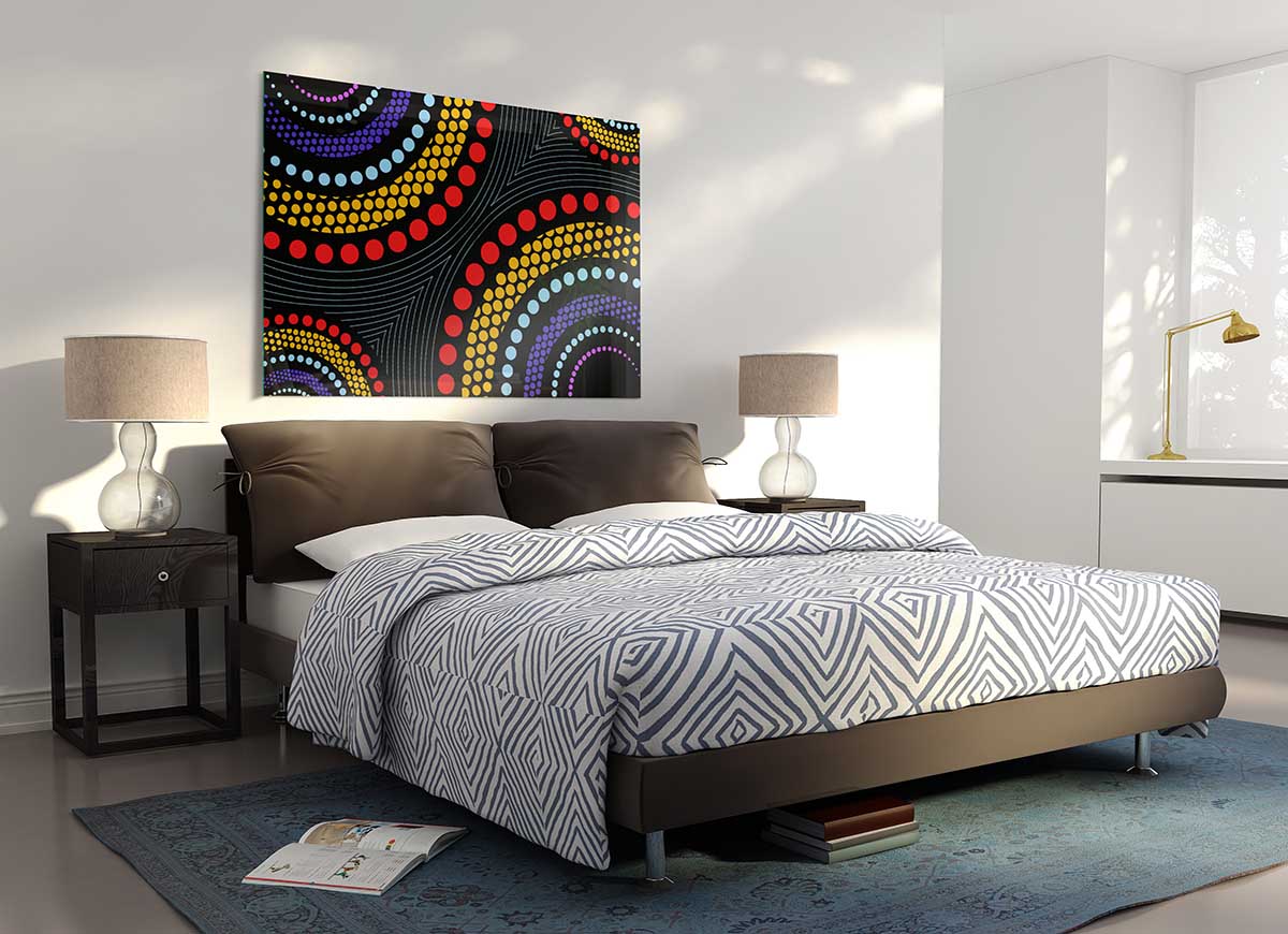 A vibrant Aboriginal Pattern 11 glass print showcasing intricate designs and colors, perfect for modern home decor.