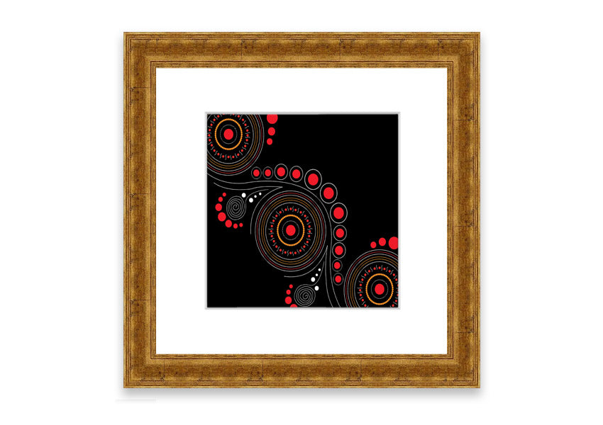 Framed Aboriginal Pattern 12 print showcasing intricate designs, available in various frame colors.