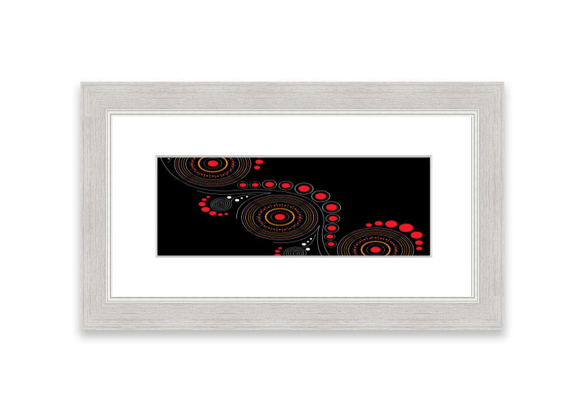 Framed Aboriginal Pattern 12 print showcasing intricate designs, available in various frame colors.