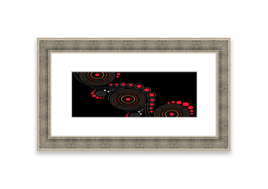 Framed Aboriginal Pattern 12 print showcasing intricate designs, available in various frame colors.