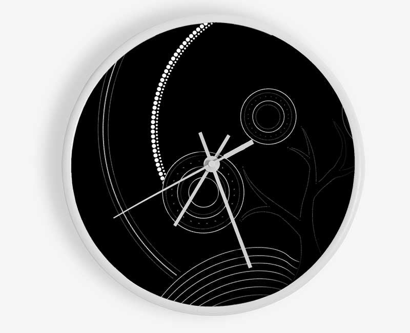 Aboriginal Pattern 13 clock made from natural bamboo with a round face and clear Plexiglas lens, showcasing unique Aboriginal art design.