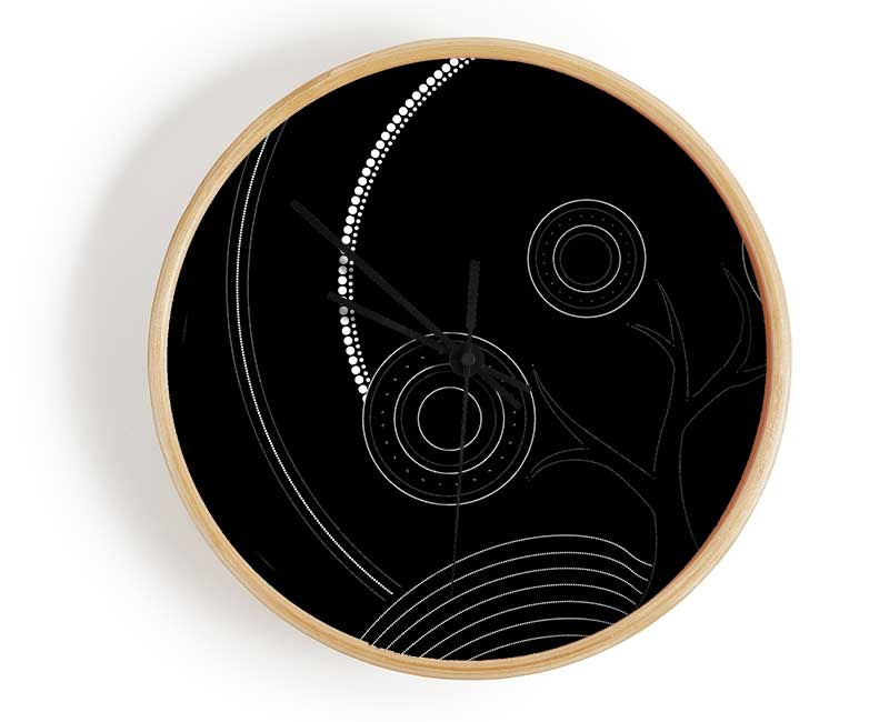 Aboriginal Pattern 13 clock made from natural bamboo with a round face and clear Plexiglas lens, showcasing unique Aboriginal art design.