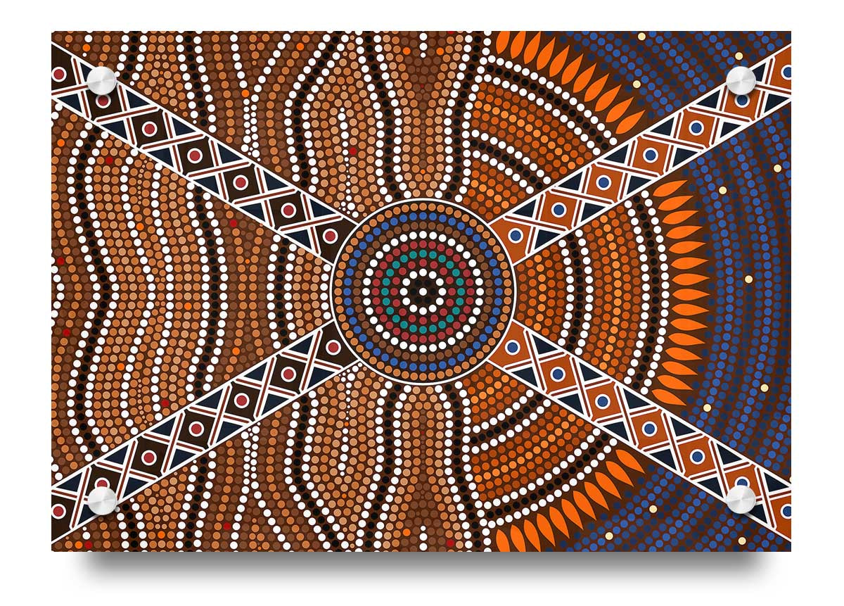 Aboriginal Pattern 2 acrylic print showcasing vibrant colors on 5mm thick acrylic glass, ready to hang on a wall.