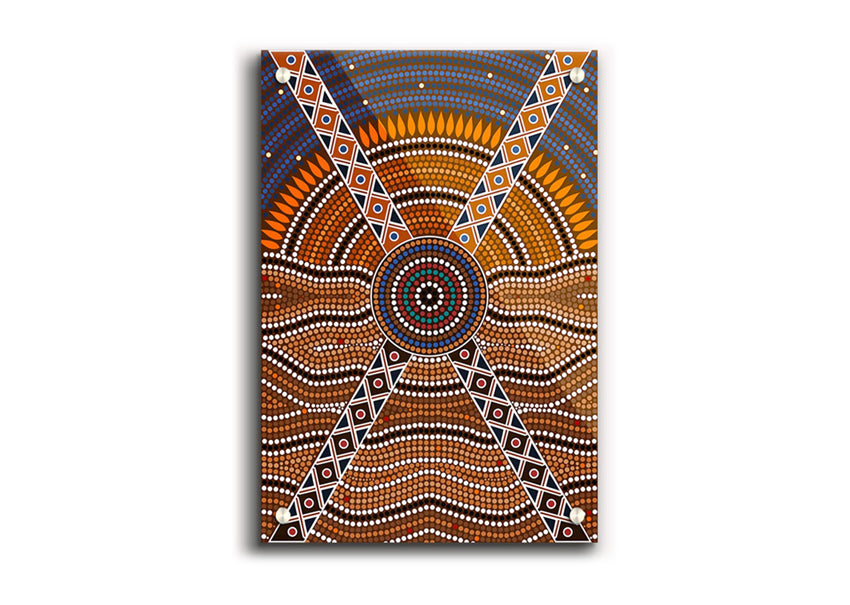 Aboriginal Pattern 2 acrylic print showcasing vibrant colors on 5mm thick acrylic glass, ready to hang on a wall.