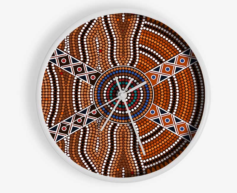 Aboriginal Pattern 2 clock made from natural bamboo with a unique design, featuring a round face and clear Plexiglas lens.