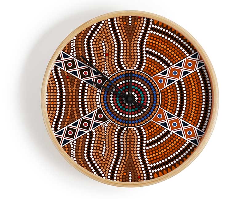 Aboriginal Pattern 2 clock made from natural bamboo with a unique design, featuring a round face and clear Plexiglas lens.