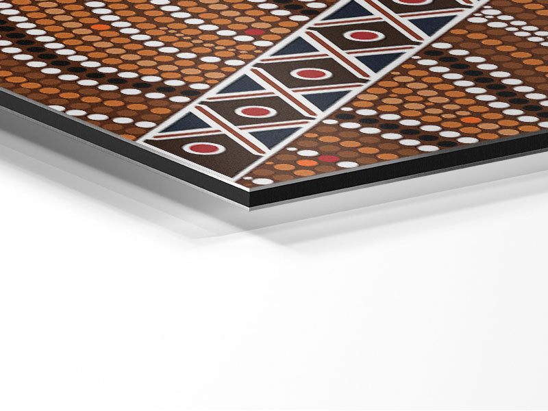 Aboriginal Pattern 2 art piece printed on brushed aluminium dibond, showcasing vibrant colors and intricate designs.