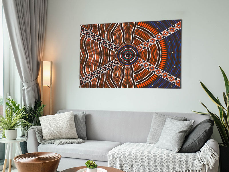 Aboriginal Pattern 2 art piece printed on brushed aluminium dibond, showcasing vibrant colors and intricate designs.