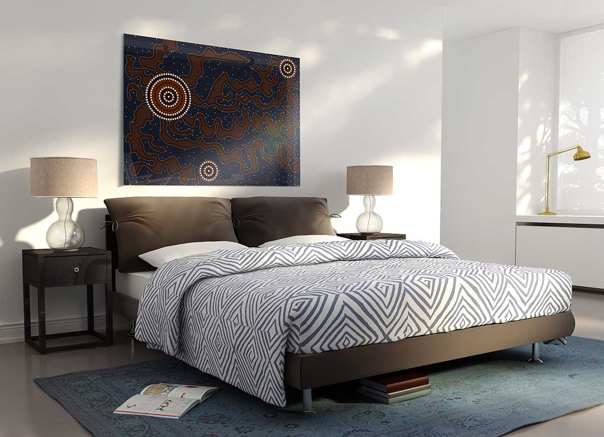 Aboriginal Pattern 3 glass print featuring vibrant colors and intricate designs, perfect for modern home decor.