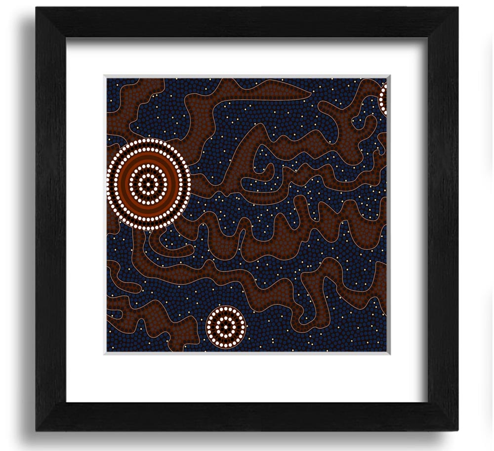 Aboriginal Pattern 3 Square Framed Print showcasing intricate designs, available in various frame colours.