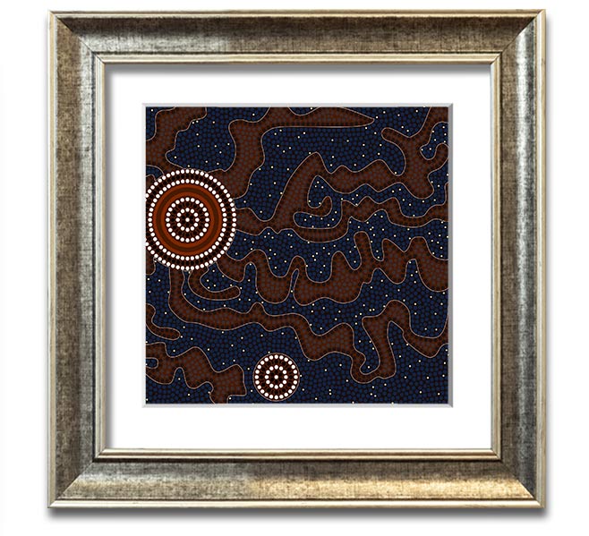 Aboriginal Pattern 3 Square Framed Print showcasing intricate designs, available in various frame colours.