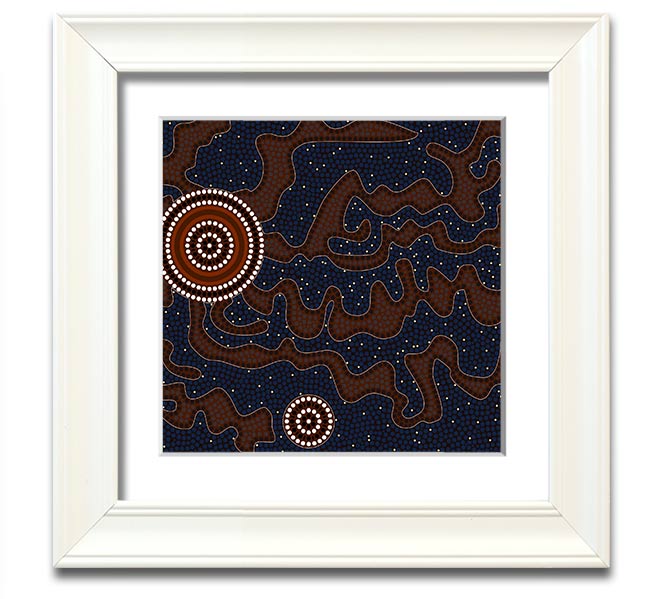 Aboriginal Pattern 3 Square Framed Print showcasing intricate designs, available in various frame colours.