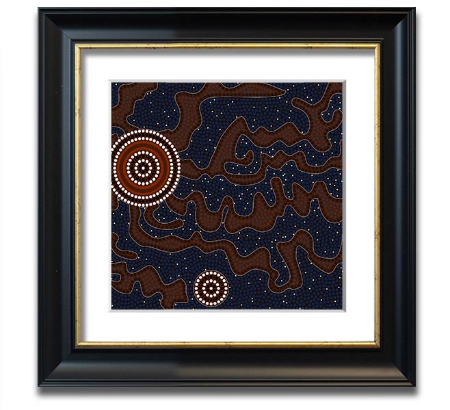 Aboriginal Pattern 3 Square Framed Print showcasing intricate designs, available in various frame colours.