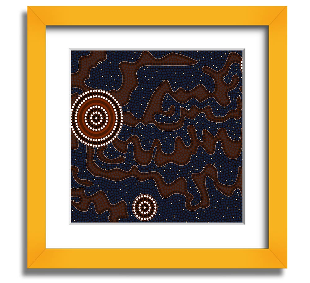 Aboriginal Pattern 3 Square Framed Print showcasing intricate designs, available in various frame colours.