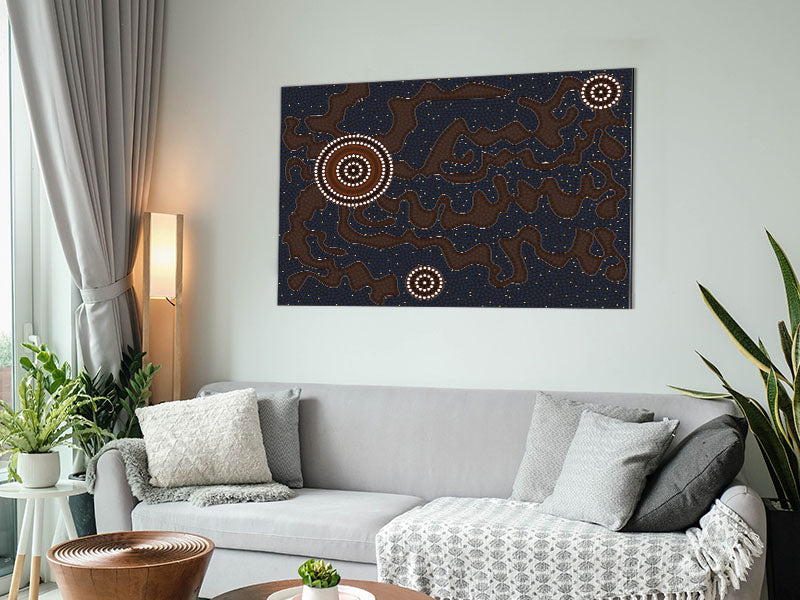 Aboriginal Pattern 3 artwork printed on brushed aluminium dibond, showcasing vibrant colors and intricate designs.