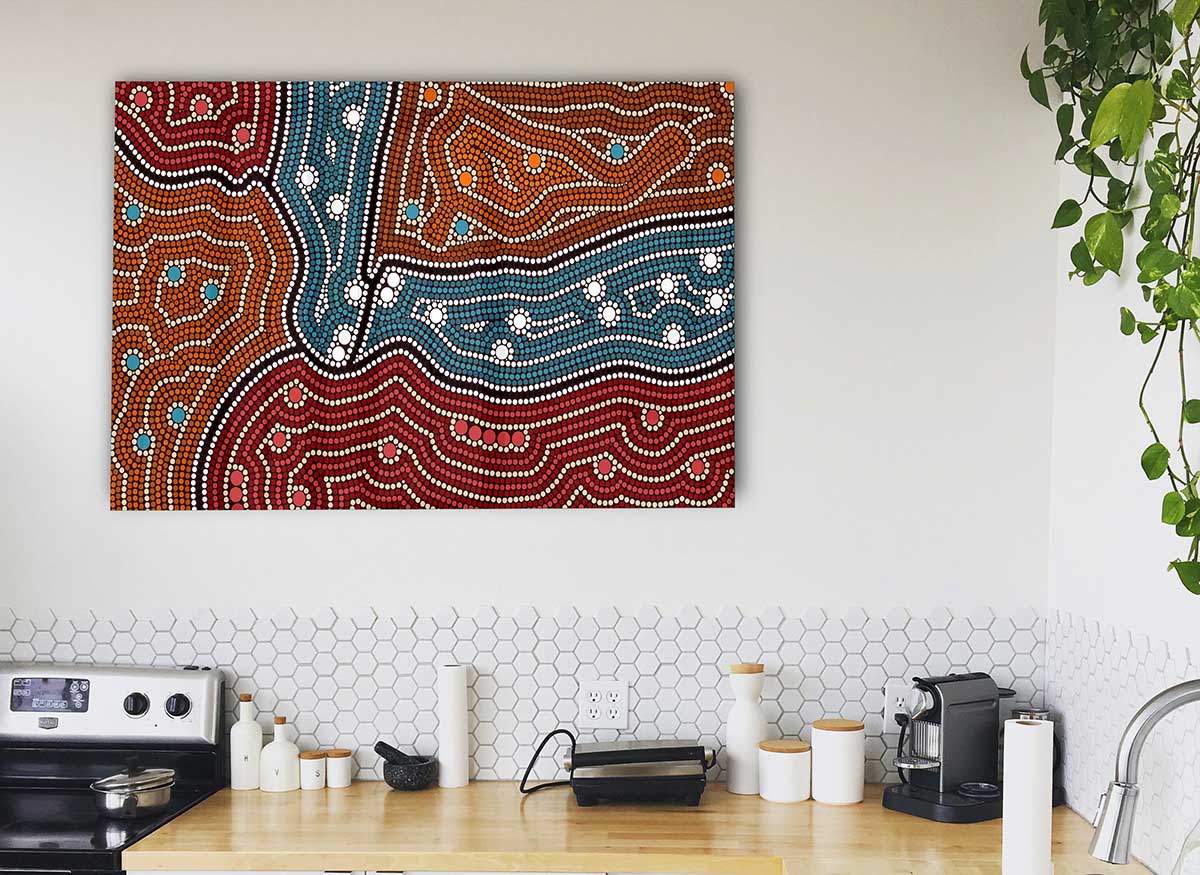 Aboriginal Pattern 4 glass print featuring vibrant colors and intricate designs, perfect for modern home decor.