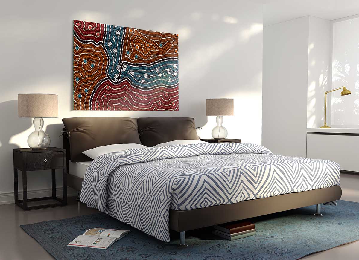 Aboriginal Pattern 4 glass print featuring vibrant colors and intricate designs, perfect for modern home decor.