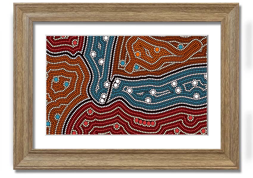 Framed Aboriginal Pattern 4 print showcasing vibrant colors and intricate designs, ready to hang.