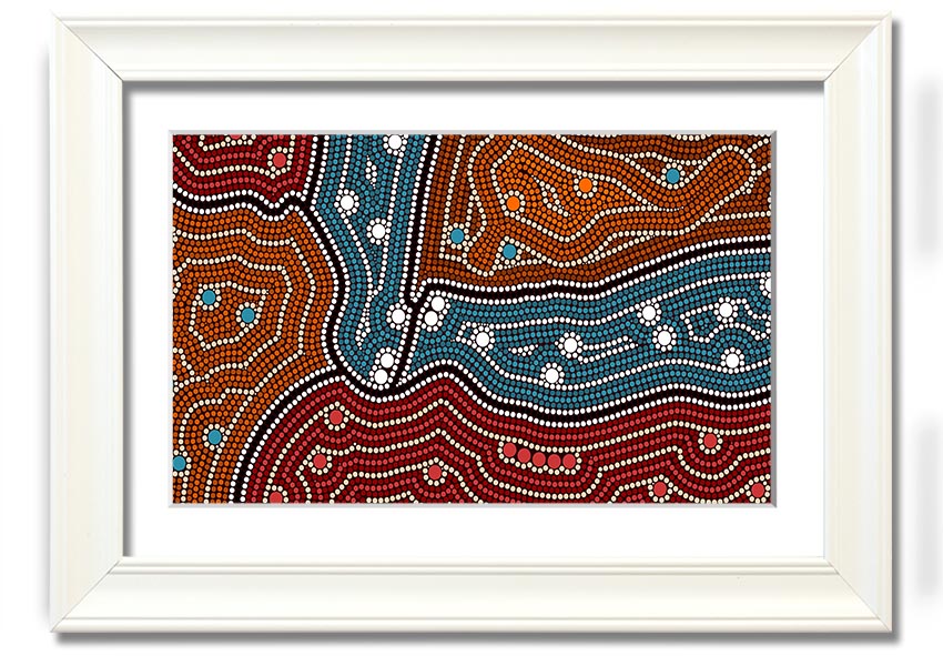 Framed Aboriginal Pattern 4 print showcasing vibrant colors and intricate designs, ready to hang.