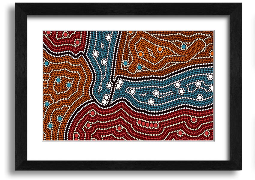 Framed Aboriginal Pattern 4 print showcasing vibrant colors and intricate designs, ready to hang.