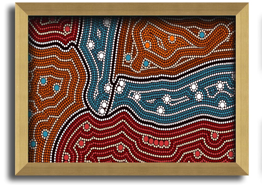 Framed Aboriginal Pattern 4 print showcasing vibrant colors and intricate designs, ready to hang.