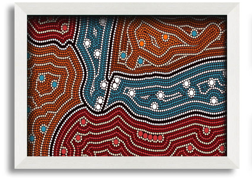 Framed Aboriginal Pattern 4 print showcasing vibrant colors and intricate designs, ready to hang.