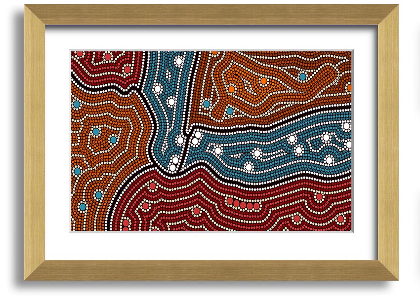 Framed Aboriginal Pattern 4 print showcasing vibrant colors and intricate designs, ready to hang.