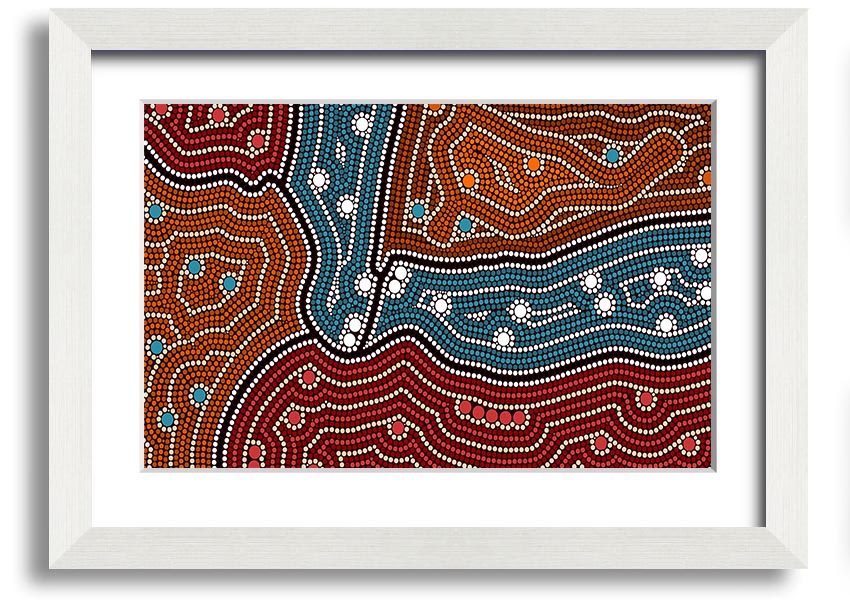 Framed Aboriginal Pattern 4 print showcasing vibrant colors and intricate designs, ready to hang.