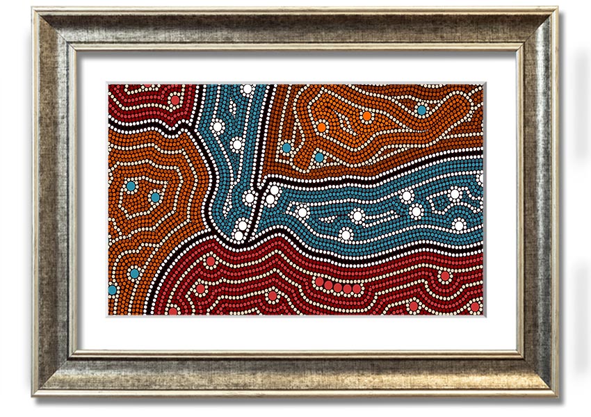 Framed Aboriginal Pattern 4 print showcasing vibrant colors and intricate designs, ready to hang.