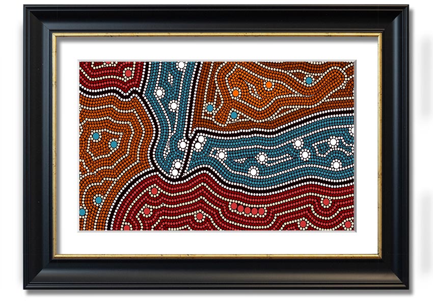 Framed Aboriginal Pattern 4 print showcasing vibrant colors and intricate designs, ready to hang.