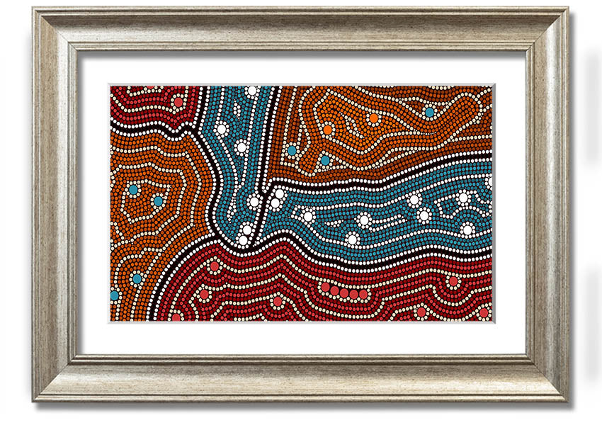 Framed Aboriginal Pattern 4 print showcasing vibrant colors and intricate designs, ready to hang.