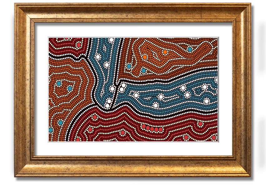 Framed Aboriginal Pattern 4 print showcasing vibrant colors and intricate designs, ready to hang.