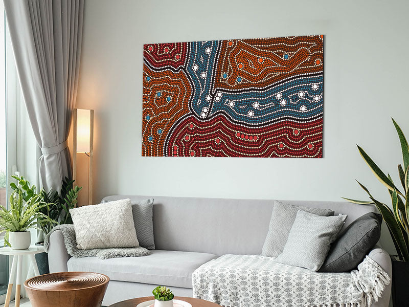 Aboriginal Pattern 4 artwork printed on brushed aluminium dibond, showcasing vibrant colors and intricate designs.