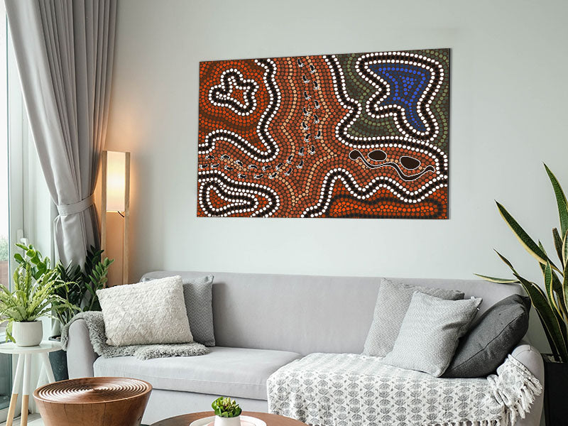 Aboriginal Pattern 5 artwork printed on brushed aluminium dibond, showcasing vibrant colors and intricate designs.